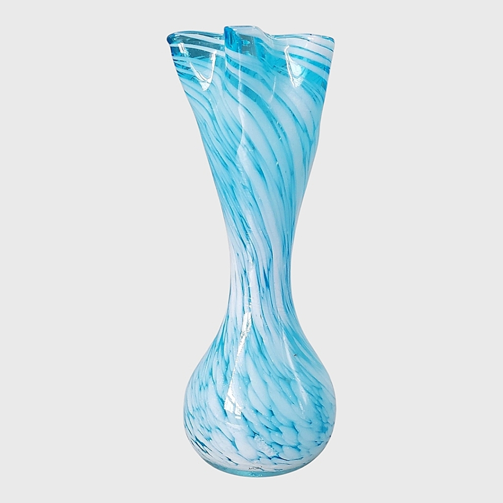 Turquoise White Swirl Hand Blown Vase Ruffle Top 7" Pontil Mark